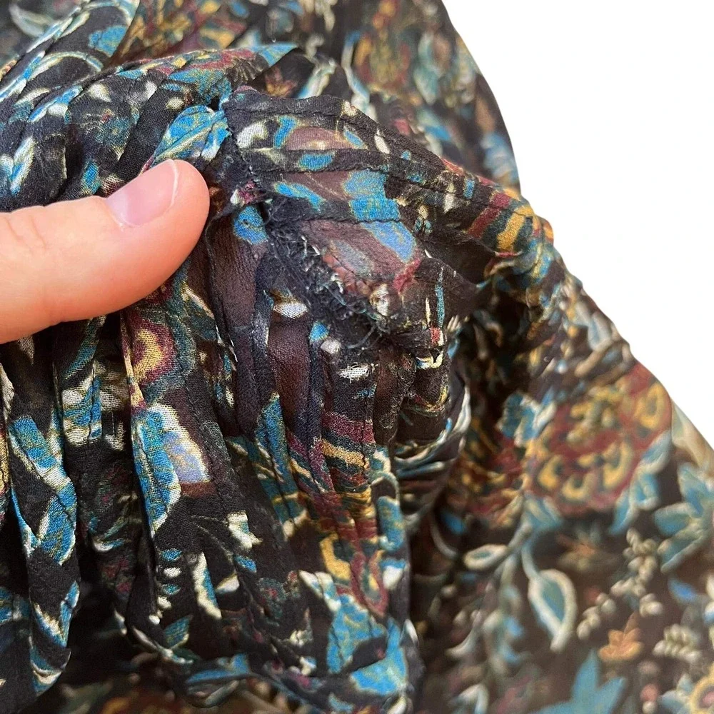 Veronica Beard Silk Floral Blouse Sz 2 Sheer Smocked Long Sleeve Boho Romantic